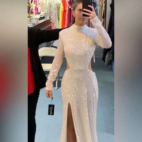 La Femme Long Sleeve Sequin Dress with Open Back - Picture 3 of 3